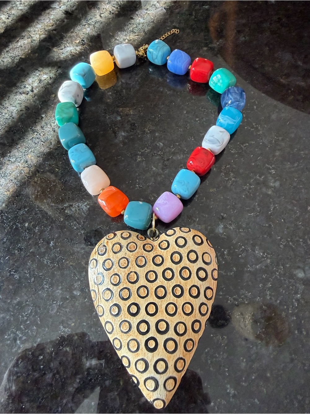 Multicolor Beaded Necklace with Wood Heart Pendant